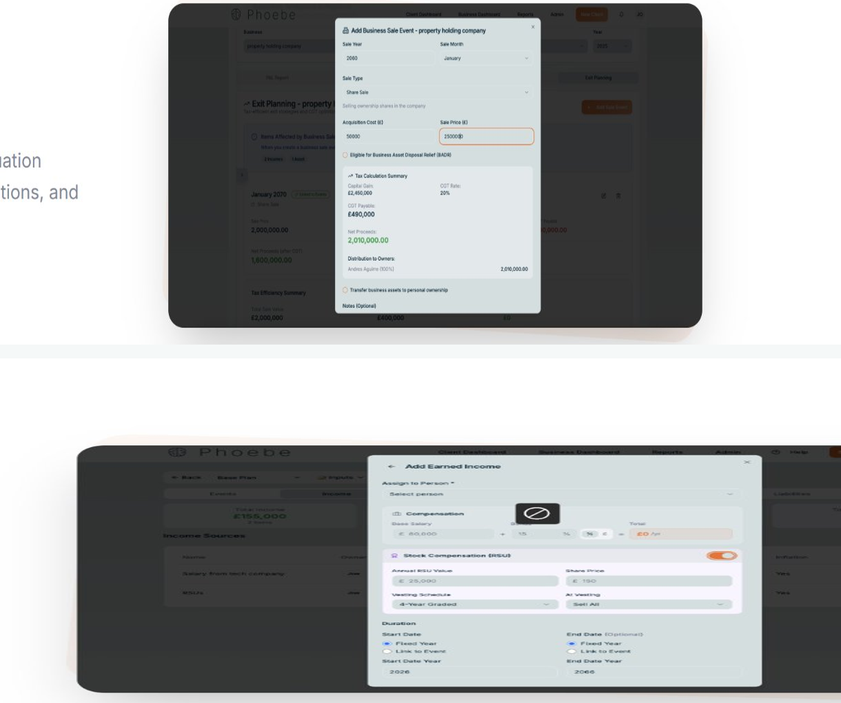 Phoebe business owner planning and equity compensation screens